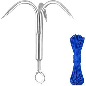 Yiliaw Gaff Hook, Grappling Hook with Rope, 50FT Nylon Rope, Stainless Steel 3-Claw Grapple Hook for Retrieval, Salvage & Magnet Fishing