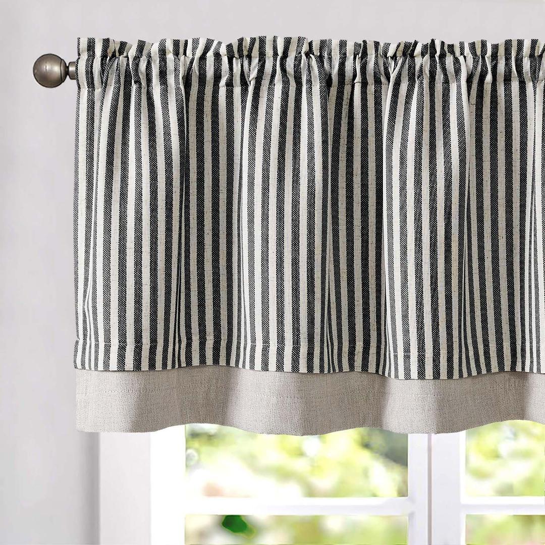 jinchan Linen Stripe Curtain Double Layer Valance for Windows 18 Inch Light Filtering for Kitchen Living Room Bathroom Rustic Farmhouse Window Treatment Rod Pocket Design 1 Panel Black on Linen