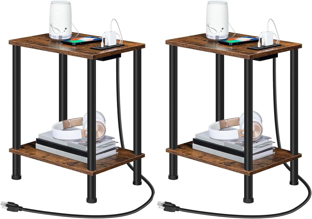 HOOBRO Side Table with Charging Station, Set of 2 End Tables with USB Port and Outlets, Nightstand with 2-Layer Storage Shelves for Small Spaces, Living Room, Bedroom, Rustic Brown BF09UBZP201, 15"l X 11"w X 21.7"h