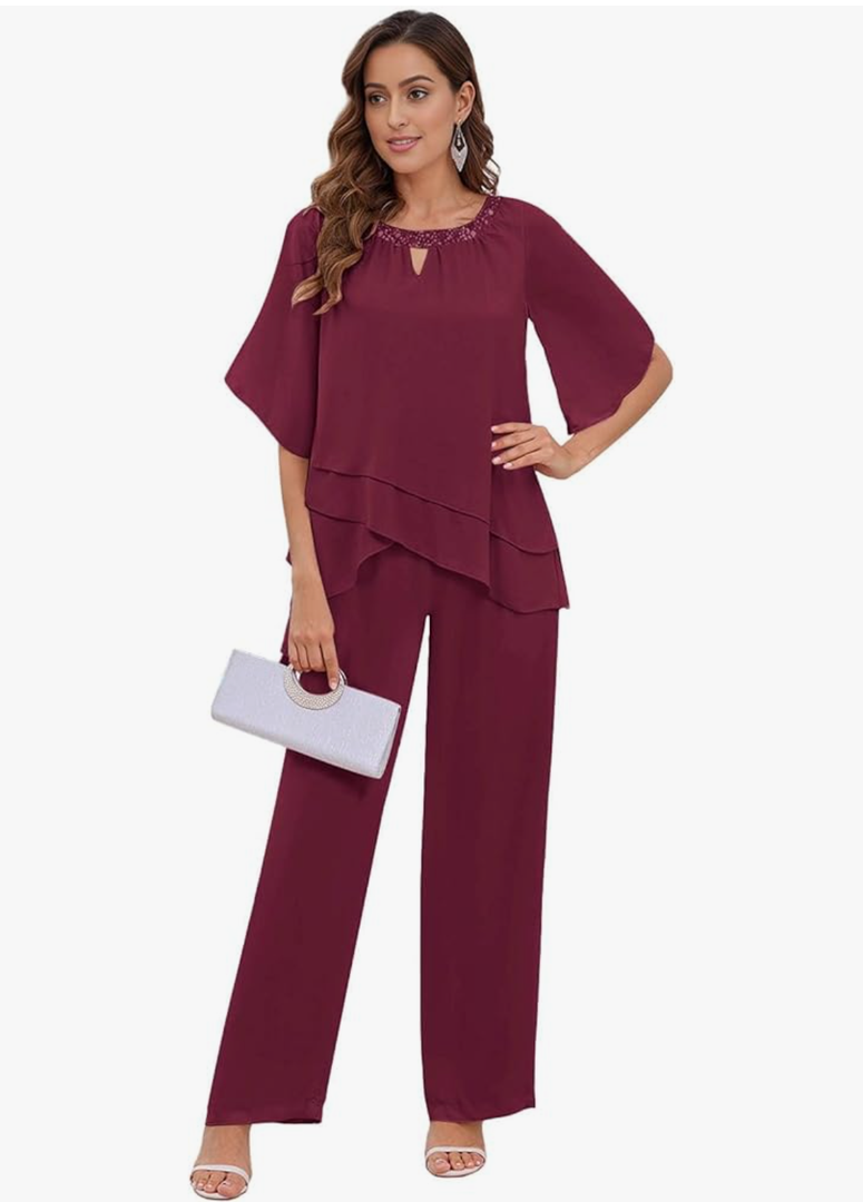 2 Pieces Mother of the Bride Pant Suits for Women Dressy Chiffon Wedding Guest Outfits with Sleeves 22W