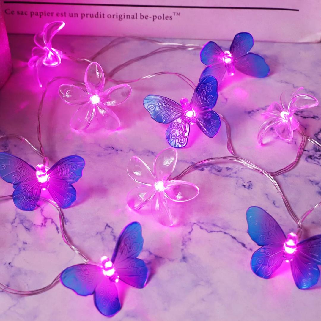 Curyidy Cherry Blossom Flower&Butterfly String Lights for Bedroom, 10LED Fairy Lights with Timer Function Waterproof Battery Operated for Home,Wedding, Christmas Decorations (Pink)