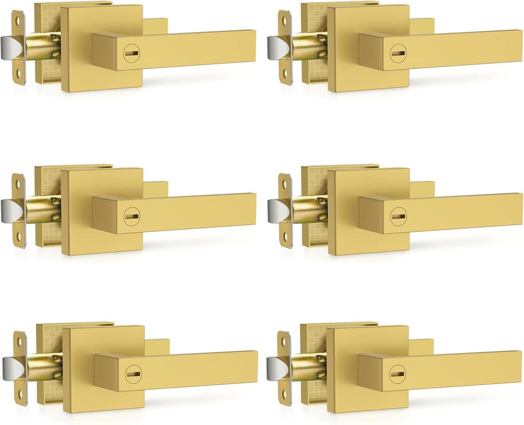 6 Pack Brushed Gold Door Handles, Interior Door Knob Heavy Duty, Flat Square Privacy Door Locks, Keyless Door Leverset for Bedroom and Bathroom