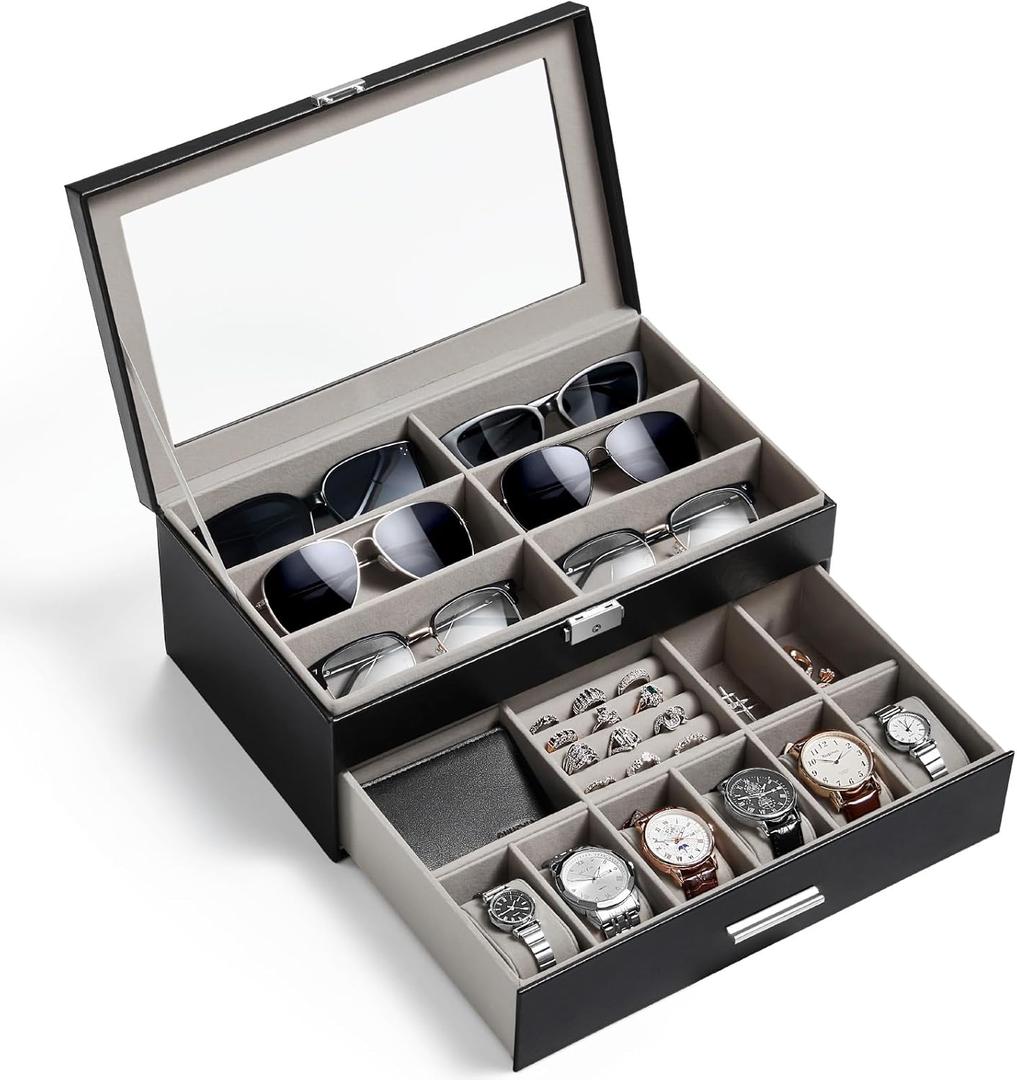 Lifewit 2- layer Sunglasses Organizer with Glass Lid, 6 Slots eyeswear Holder, 6 Slots Watch box, Spaces for Rings, Brooch, Tie Clip, Multiple Eyeglasses Display Case for Men, Gift Idea, Inky Black