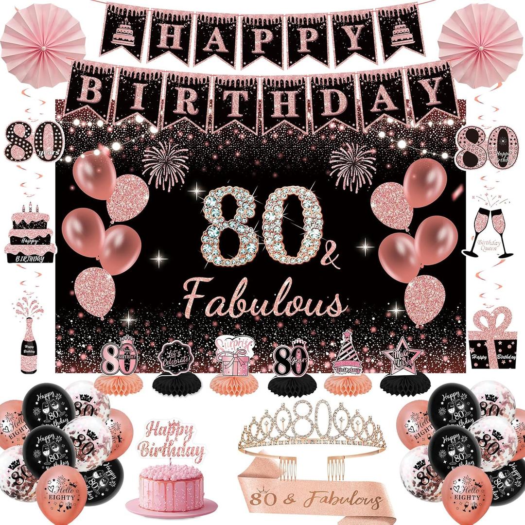 80th Birthday Decorations for Women - Rose Gold 37Pcs Golden Years Celebration Party Kit with Banner, Backdrop, Tiara, Sash, Cake Topper, Latex Balloons, Hanging Swirls, Centerpieces | Party Supplies