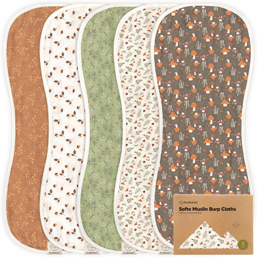 5-Pack Muslin Burp Cloths Baby Boy, Girl - Very Absorbent Baby Burp Cloth Rags, 8-Layers Viscose Derived from Bamboo Cotton Muslin Towel, Super Soft Spit Up Rags, No Shrink Washcloths (Fall Spores)