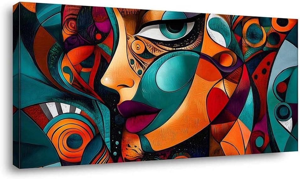 Colorful Abstract Face Canvas Wall Art Modern Cubist Portrait Painting Print Gallery Wrapped Geometric Woman Artwork for Living Room Bathroom Bedroom Decor, 40x20 INCH