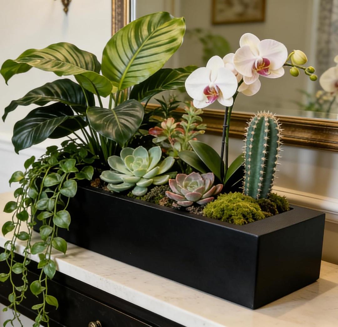 Sleek Oblong Faux Succulent Arrangement – Rectangular Weather-Resistant Planter – Indoor/Outdoor Decor, Low-Maintenance & Eye-Catching Greenery Accent Black