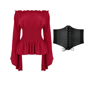 Womens Renaissance Blouse Tops Corset Waist Belt Medieval Victorian Off Shoulder Long Sleeve Shirt Pirate Cosplay Costumes, S