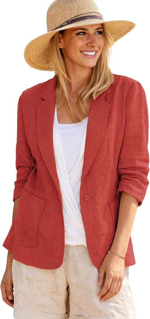 Mina Self 2026 Summer Linen Blazer Women - Lightweight Breathable 3/4 Stretchy Ruched Sleeve Casual Work Jacket with Pockets (Medium, Red)