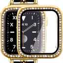 Mosonio Compatible for Apple Watch Band 44mm with Screen Protectors Case Women, Jewelry Bracelet Metal Bands with 2-Pack Bling Case Cover for 44mm iWatch Series SE 6 5 4(Gold Link with Black Leather)