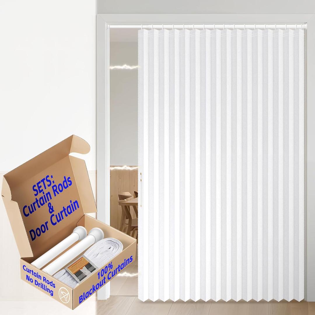 AJAZZ 100% Blackout Accordion Doorway Curtain Sets Magnetic Door Curtain Patio Door Invisible Folding Door for Bedroom Living Room (1 Pack, 74 W x 78 L, White+Rod)