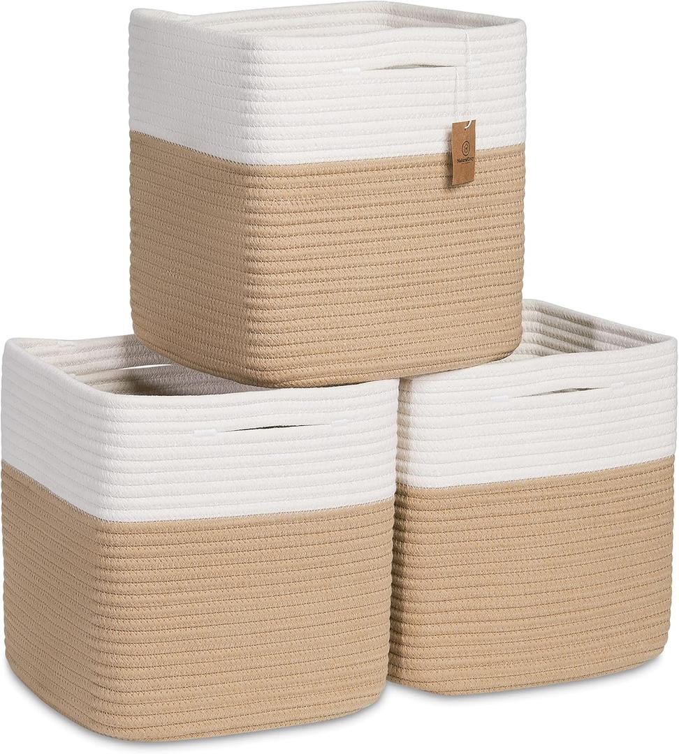 NaturalCozy Storage Cubes 11 Inch Cotton Rope Woven Baskets for Organizing, 3-Pack | Cube Storage Bin | Square Storage Baskets for Shelves Organizer, Classroom, Kids Toy Bins, Closet, Baby Nursery (Off White & Tan Brown)