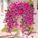 Sggvecsy Artificial Fake Hanging Flowers Plants for Outdoor Outside Spring Summer Decoration 2PCS Faux Silk UV Resistant Realistic Morning Glory with Eucalyptus for Home Porch Patio Balcony(Magenta)