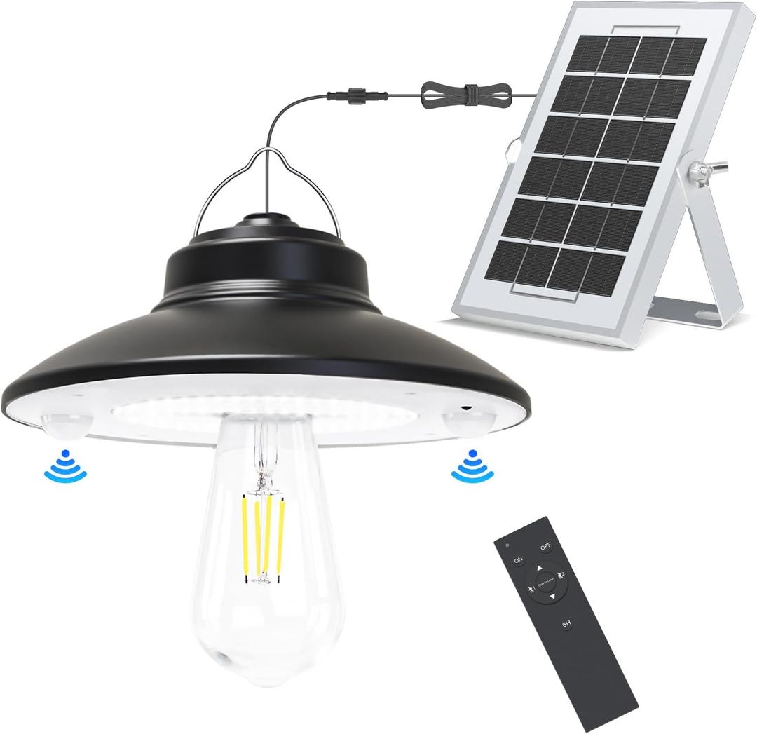 NIORSUN Solar Indoor Outdoor Shed Light with 7000k Cool Whtie 3 Modes Waterproof, Dual Motion Sensors Solar Powered Hanging Barn Light with Remote Control for Shed,Garden, Patio, Garage, Camp 1 Pack
