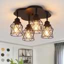 4-Lights Kitchen Light Fixtures Ceiling Mount, Adjustable Multi-Directional Black Flush Mount Ceiling Light Fixture, Vintage Metal Cage Farmhouse Lamp for Hallway, Dining Room, Farmhouse, Entryway