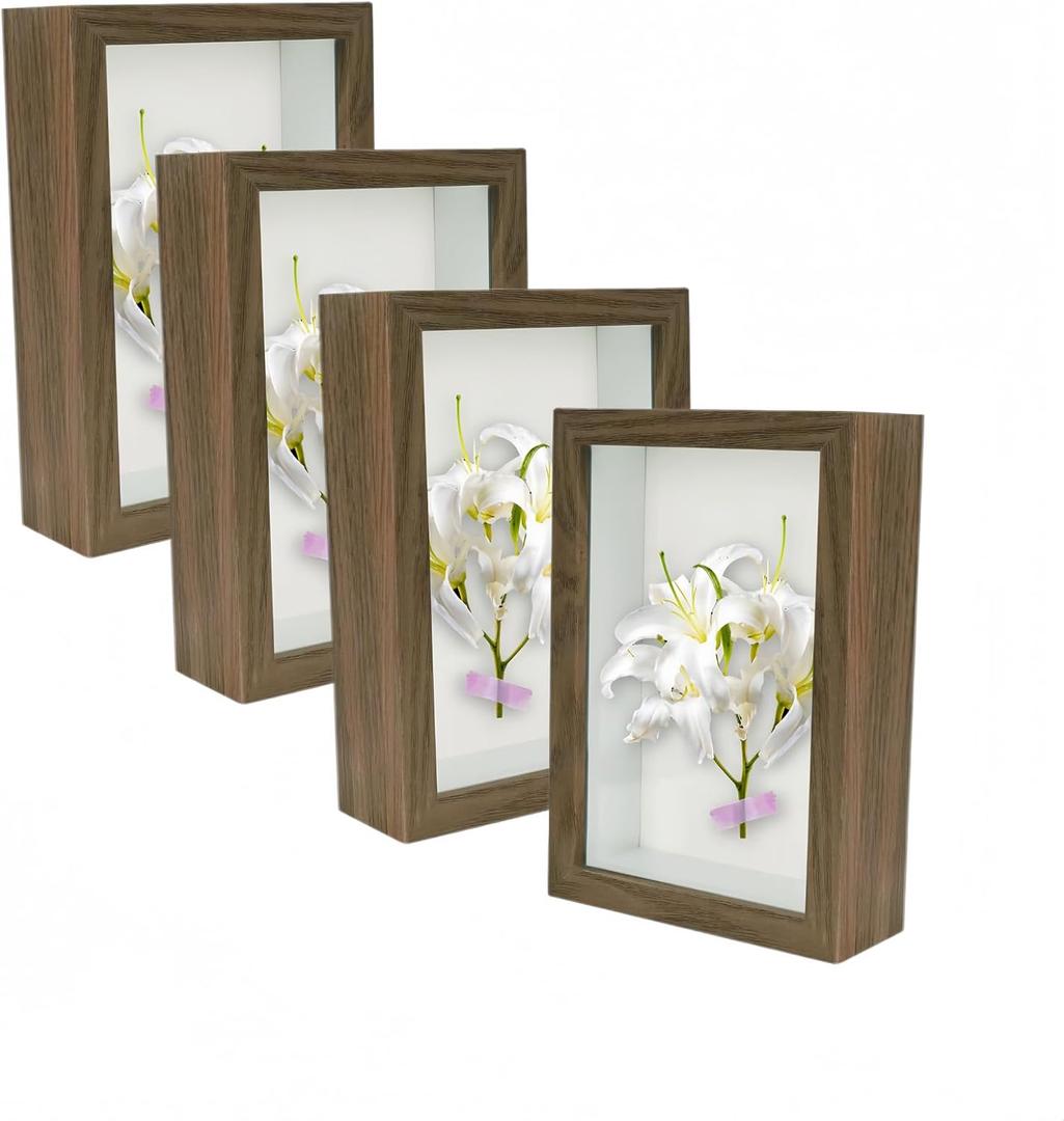 4 Pack 4x6 Shadow Box FrameHD Glass Wooden Brown Hollow Photo Frame,Brown Frames for Flower Pressing, Seashell Display Box ,Pet Memorial Shadow Box ( 4pcs 4X6)