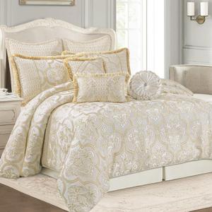 Loom and Mill 9-Piece Comforter Bed in a Bag, Elegant Damask Floral Comforter Set Queen Size, All Season Jacquard Bedding Sets with Bed Skirt, Euro Shams and Decorative Pillows(Beige Gold, Queen)
