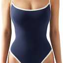 SUUKSESS Women Sexy Square Neck Thong Bodysuit Backless Cami Bodysuit Top (Small, Navy Blue/White)