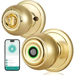 KLLOQUE Fingerprint Door Lock, Smart Fingerprint Door Knob with Lock, Biometric Door Locks with App Control & Key, Keyless Thumbprint Entry Door Locks for Bedroom, Front Door, Home, Apartment-Brass
