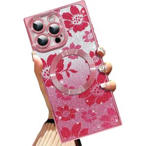 AIGOMARA Phone Case for iPhone 16 Pro Max [Compatible with MagSafe] Flowers Floral Design Glitter Bling Case Shockproof Scratch-Resistant Soft TPU Cover for Women - Pink