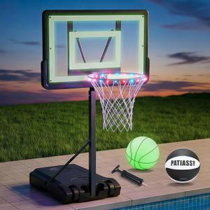 Pool Basketball Hoop  Height Adjustable 57" to 68" Portable Poolside Basketball Hoop with Wheels, Glow-in-Dark Backboard & LED Rim, Glow Ball + Standard Ball, Indoor Outdoor Night Games