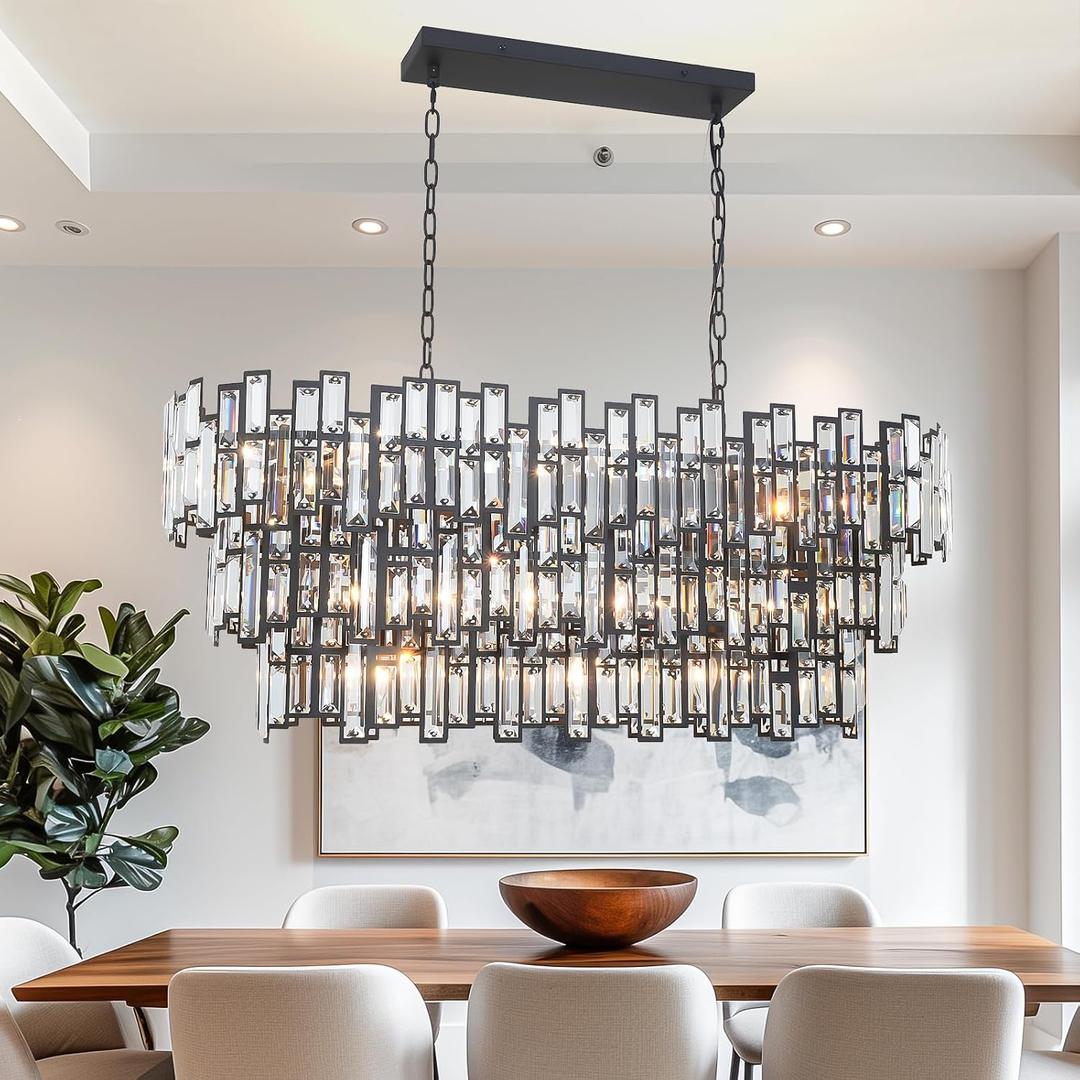 Rectangle Chandeliers for Dining Room - 17 Lights Rectangular Linear Chandeliers in Black