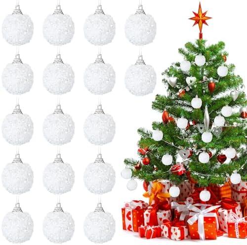 Liliful 48 Pcs 1.18 Inch Mini Christmas Ball Ornaments Christmas Tree Ornament Glitter Sequin Foam Ball Ornaments Xmas Hanging Decoration for New Year Holiday Wedding (White)