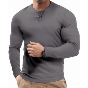 JMIERR Mens Muscle Slim Henley Shirt Button V-Neck Long Sleeve Gym Workout Athletic T Shirts (Gray, XXXL)
