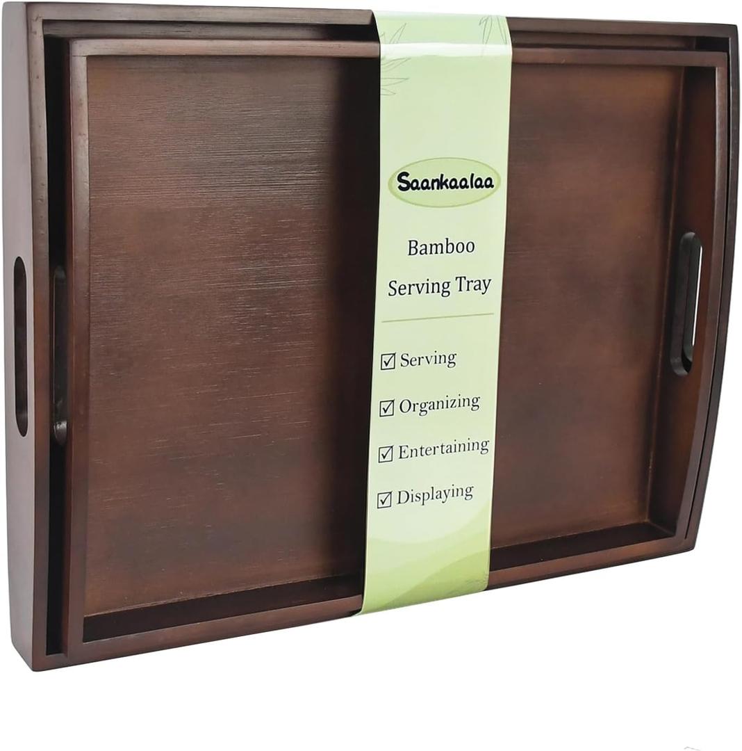 Bamboo Serving Tray with Handles, Set of 2 Large Wood ServingTrays for Food & Coffee, Elegant Wooden Tray for Breakfast in Bed, Kitchen & Party - Black Walnut Finish