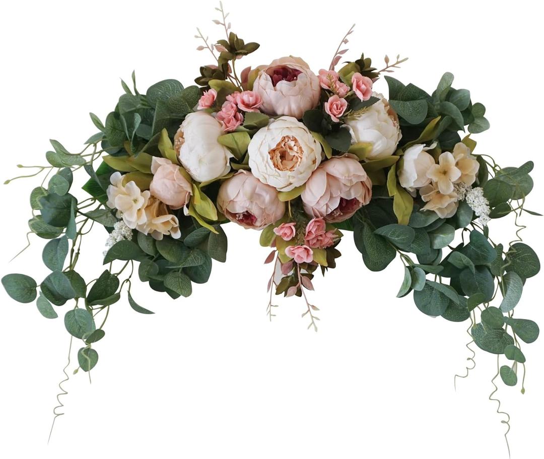 Wedding Arch Flowers, 30 Inch Rustic Artificial Floral Swag for Lintel, Green Leaves Rose Peony Sunflowers Door Wreath Home Decoration (Champagne2)