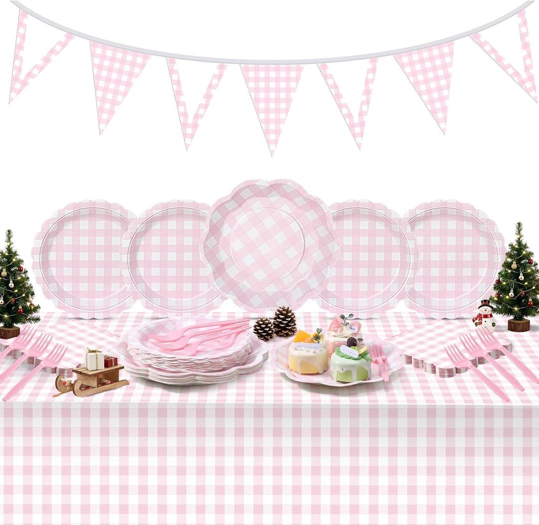 LemonRoad 102 Pcs Gingham Party Supplies Set Pink Checkered Disposable Paper Plates, Napkins, Forks, Tablecloth Banner for Xmas Picnic Pizza BBQ Dinner Birthday Wedding Party Decorations Serve 25