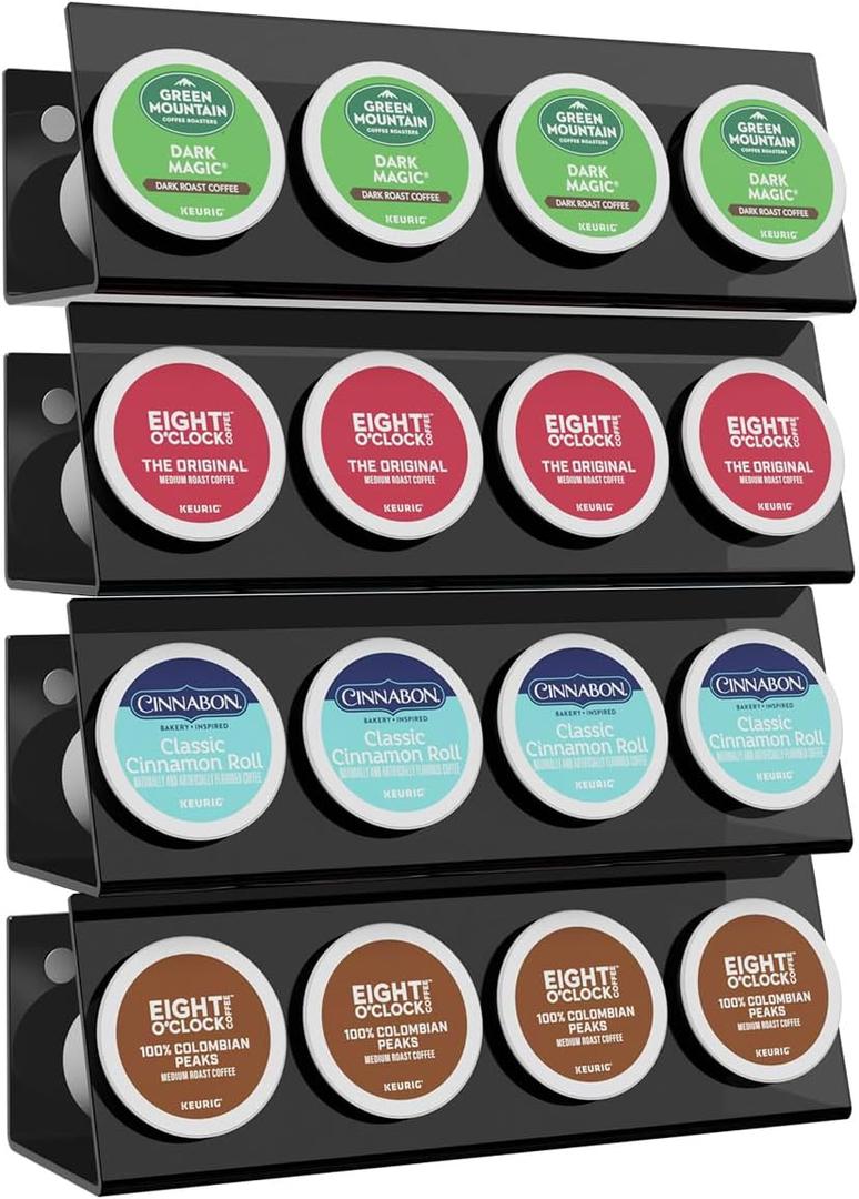 K Cup Holders, Acrylic Coffee Pods Organizer Stand Magnetic & Self-Adhesive Wall Mounted K Cup Stand for Kitchen Wall, Cabinet, Fridge (4 Pack for 16 Pods)