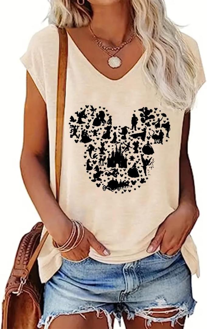 Magical Tank Tops for Women Cute Graphic Printed V-Neck Tee Casual Summer Family Vacation Sleeveless Shirt Tops (Medium, Apricot)