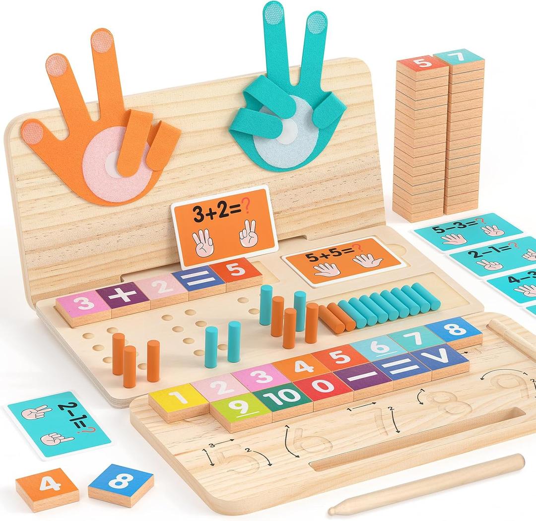 Montessori Math Learning Toy  Number Blocks, Counting Sticks, Tracing Board & Finger Counting, Educational Preschool STEM Sensory Toys for Toddlers, Birthday Gift for 2 3 4 5 Year Old Boys Girls Kids