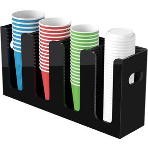 WINFFOR Disposable Cup Organizer Dispenser - 4 Compartments Black Acrylic Cup and Lid Holder with Handles Plastic Cup Dispenser Countertop Paper Cup Holder for Coffee Bar House Party Essentials
