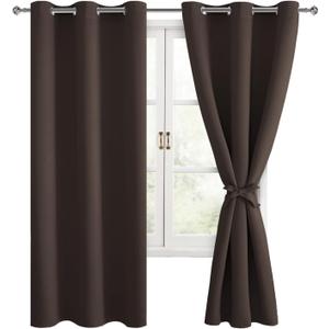 Hiasan Blackout Curtains for Bedroom, 38 x 63 Inches Length - Thermal Insulated & Light Blocking Window Curtains for Living Room, 2 Drape Panels Sewn with Tiebacks, Brown