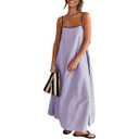 Senllen Women's Linen Dress Summer Loose Flowy Sundress Contrast Spaghetti Strap Sleeveless Backless Beach Maxi Long Dresses XL