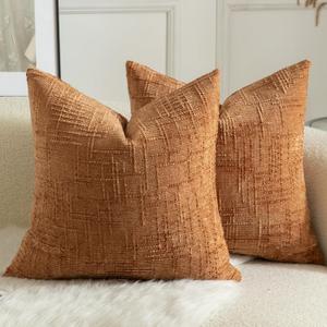 MANDIOO Pack of 2 Soft Chenille Textured Throw Pillow Covers Square Accent Solid Decorative Cushion Cover Cozy Farmhouse Pillow Case for Couch Sofa Bed Living Room 24x24 Inch Burnt Orange