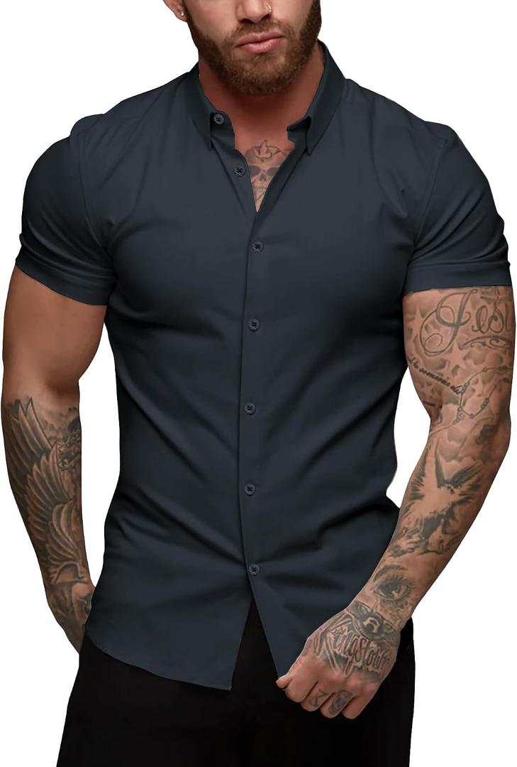 URRU Men's Muscle Dress Shirts Slim Fit Stretch Short Sleeve Casual Button Down Shirts for Men (Gray)