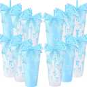 Skylety 12 Pcs Blue Bow Plastic Cups with Lid Straw and Ribbon Set, 24 oz Blue Bow Coquette Party Decorations Reusable Drinking Cups for Birthday Wedding Baby Shower Bridal Party