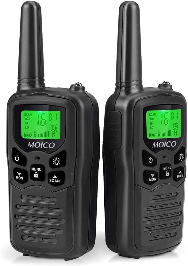 MOICO Long Range Walkie Talkies for Adults with 22 FRS Channels, Family Walkie Talkie with LED Flashlight VOX LCD Display for Hiking Camping Trip (Black 2 Pack)