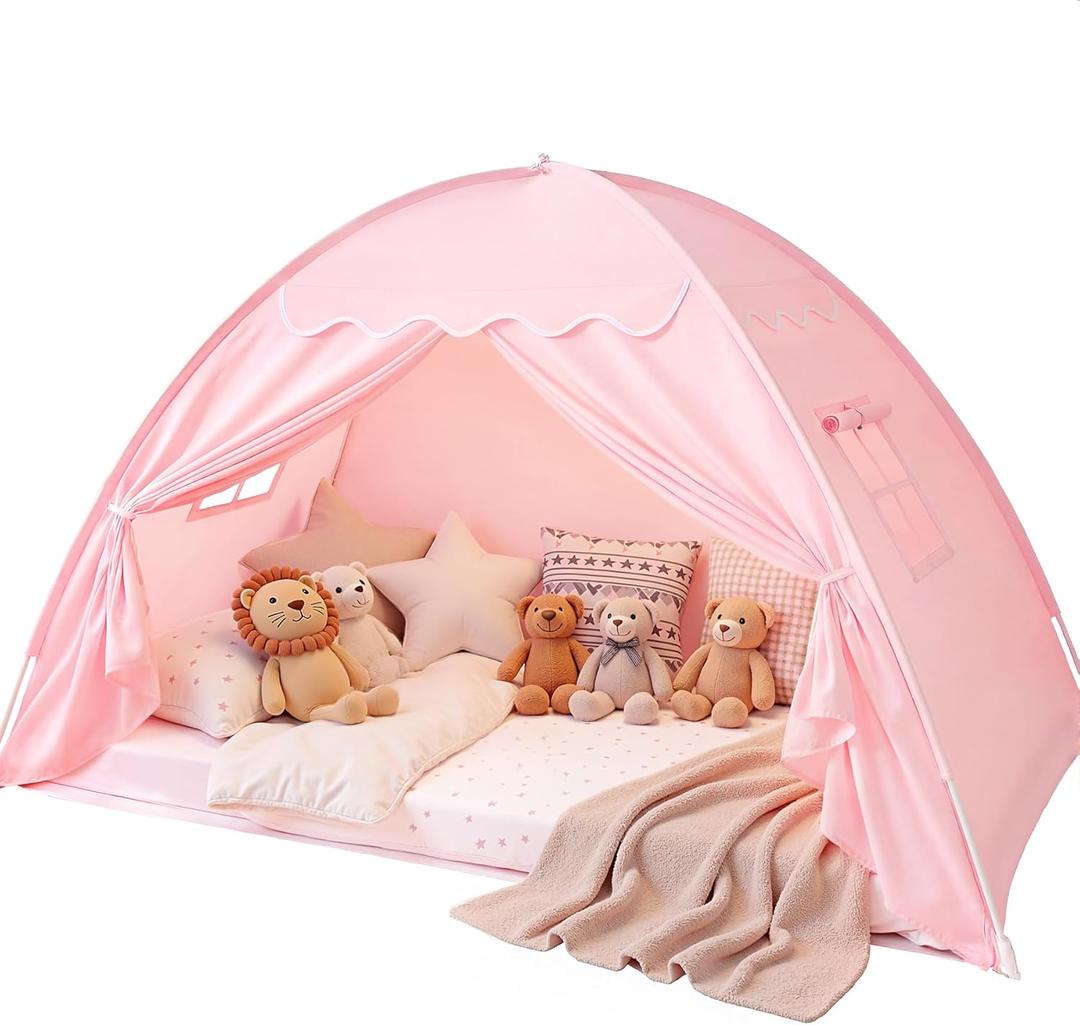 Sumbababy Toddler Bed Tent Canopy: Lights & Flags Indoor Floor Kids Play Tent Playhouse - Portable & Foldable Twin Bunk Bed Curtains - Twin Bed Tent for Girls Gifts (Pink)