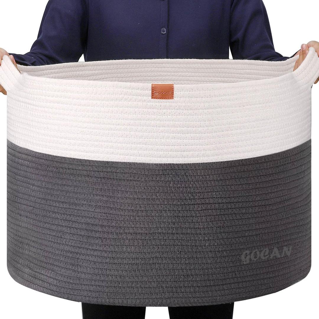 Extra Large Laundry Basket toy storage 22"X22"X14" blanket basket Cotton Rope Woven Baskets with Handles for Living Room (Grey/Beige) XXXL