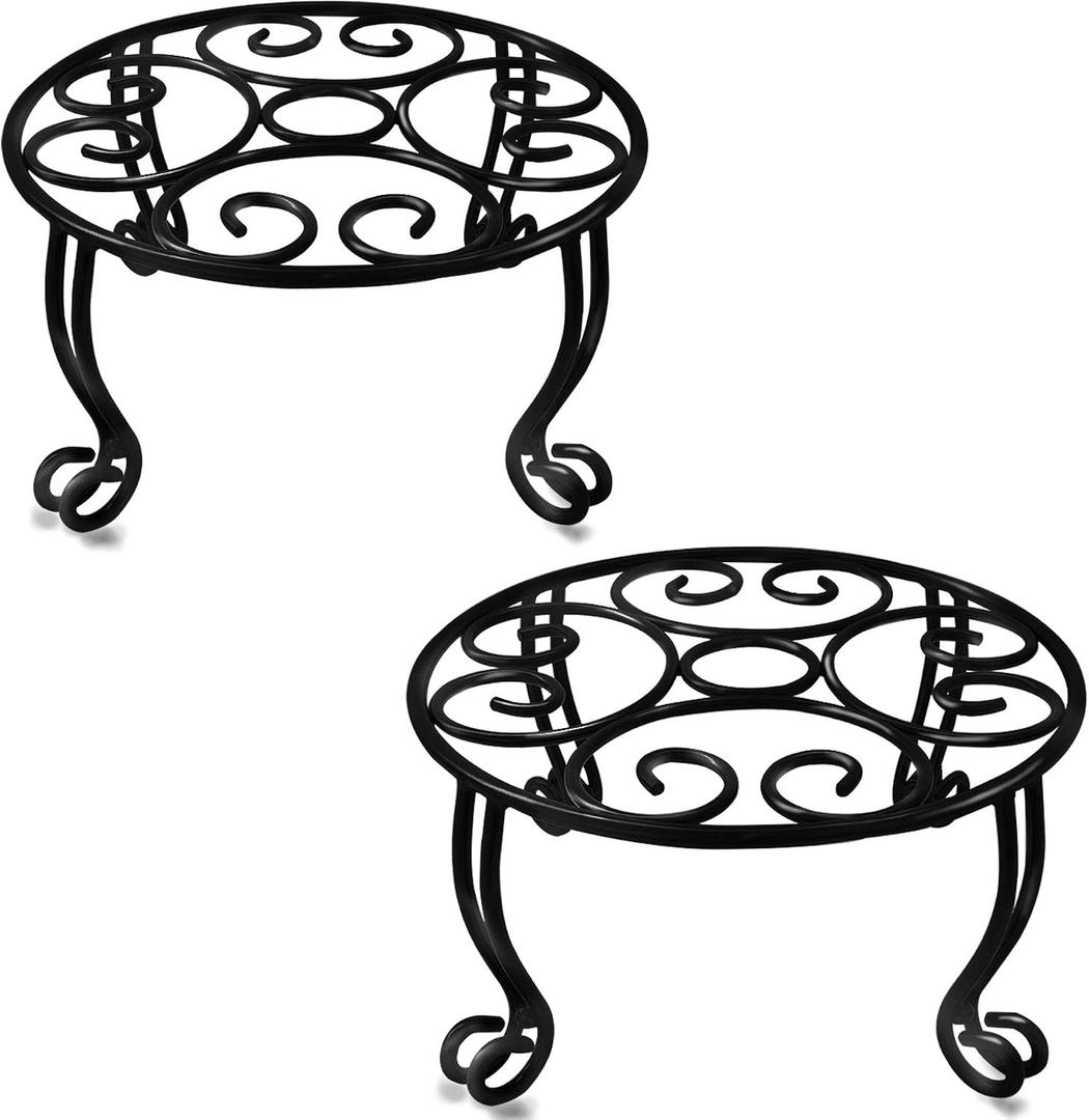 TREEZITEK 2 Pack Heavy Duty Iron Plant Stand, 11.8'' Diameter, 6'' Tall, Black, Powder Coated, Round, Sturdy & Stable, Indoor/Outdoor, No Assembly Required