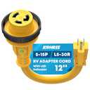 Kohree RV Adapter Plug 30 Amp to 15 Amp 110V, RV Power Electrical Adapter Cord 15A Male to 30A Female 12" with Twist Lock & LED Indicator