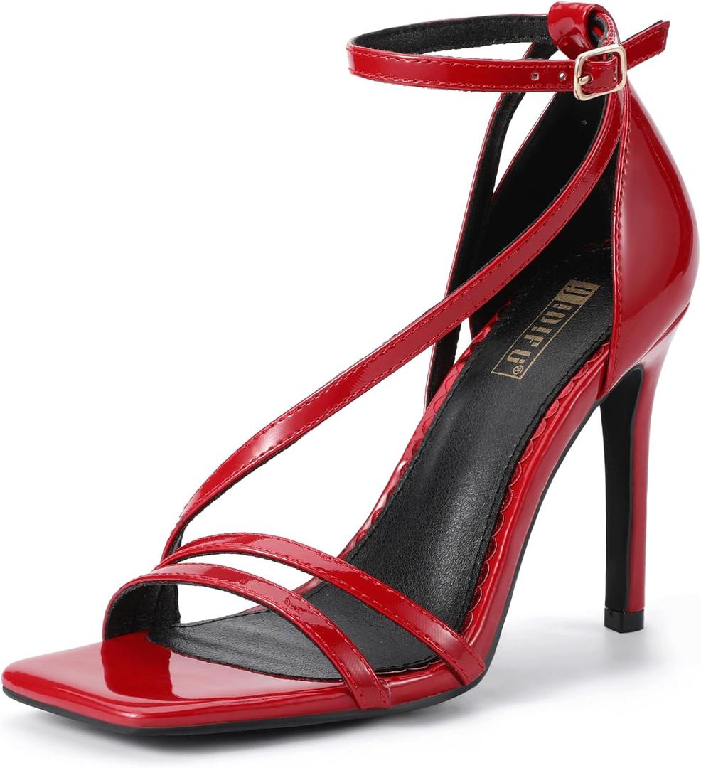 IDIFU IN4 Strappy Heels for Women Sexy High Stiletto Square Open Toe Heels Dress Shoes for Women Dressy Wedding Prom Bridal Bridesmaid Shoes Ankle Strap Heeled Sandals Comfortable Cute Trendy Heels (6, Red Patent)