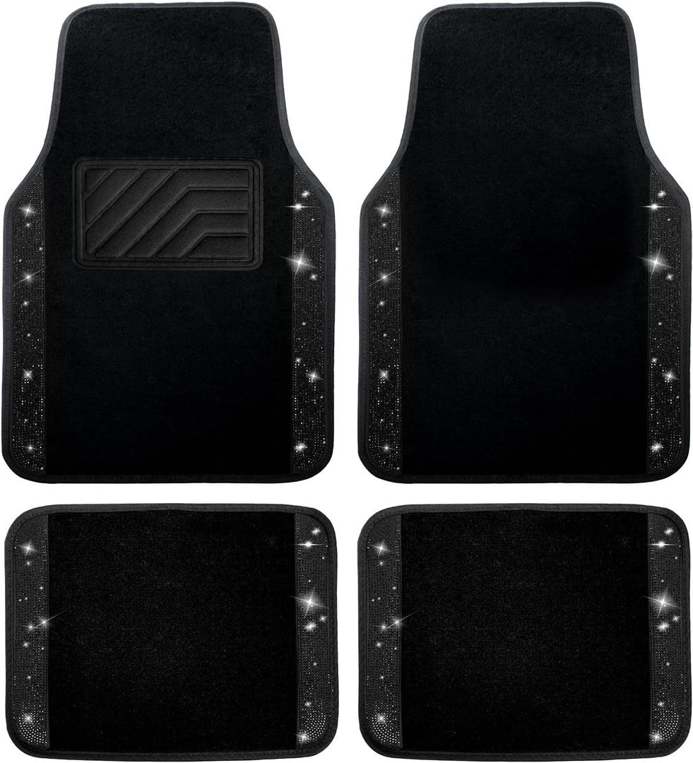 Crystal Bling Diamond Car Floor Mats, Shining Rhinestone Carpet Sparkly Glitter with Anti-Slip PVC Heel Pad Waterproof Universal Fit Automotive SUV,Sedan,Van,Women Gifts 4pcs (Black Diamond)