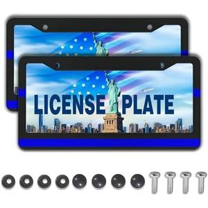 License Plate Frames for Women Blue Black Automotive Exterior Accessories for Men Blue Line Aluminum Metal Car Accessory 2 Pack with Screw Covers Set