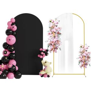 Putros 7.2ft Metal Arch Stand with Cover Black Spandex Fitted Wedding Arch Cover and Round Top Chiara Backdrop Stand Set for Birthday Party Baby Shower Decoration