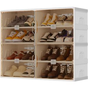 Foldable Shoe Rack Organizer for Entryway with Clear Magnetic Doors - Large Capacity Shoe Cabinet for Boots, Sneakers & All Shoes, Easy Assembly, White 4-Tier 16 Pairs